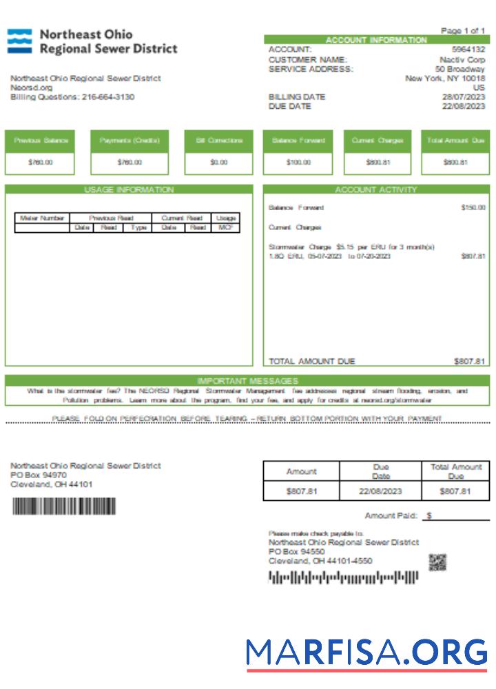 Realistic Northeast Ohio Regional Sewer Districtutility business bill, SCR download for verification